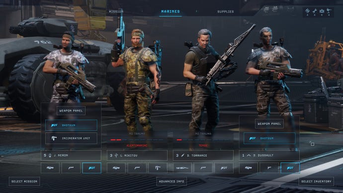 A character screen showing a squad of grizzled soldiers in Aliens Dark Descent