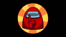 A red crew member from Among Us holds a finger over their face
