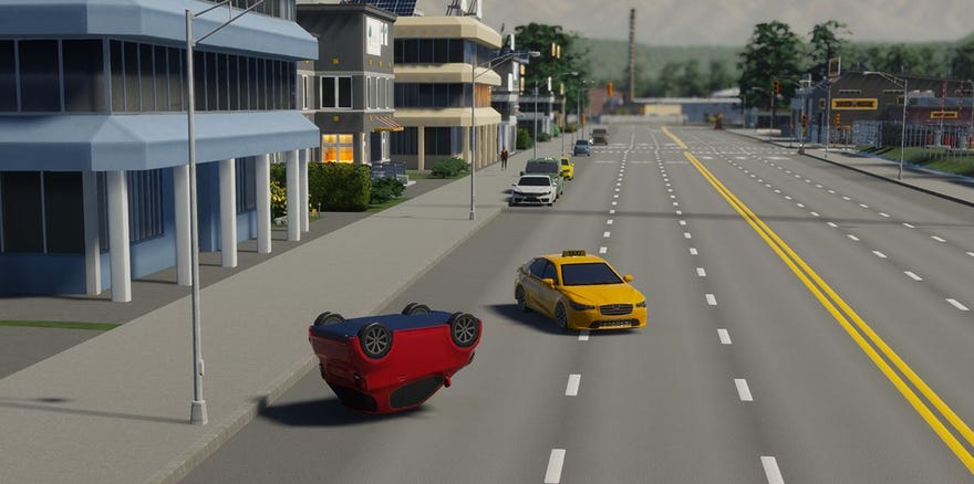 An overturned car on a road in Cities: Skylines 2.