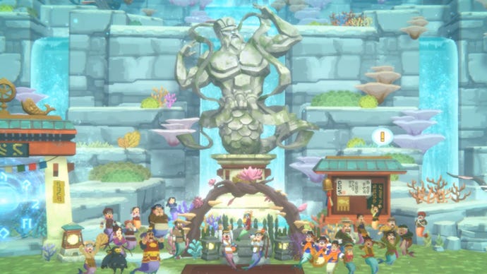 A party of menfolk crowd around a statue in Dave The Diver