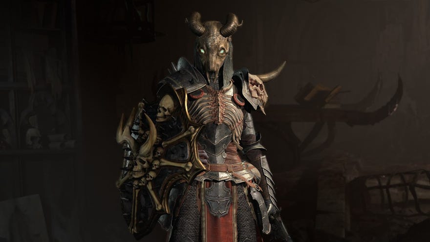 Diablo 4 image showing a Necromancer wearing armor adorned with skulls, and with a Goat Skull helmet on.