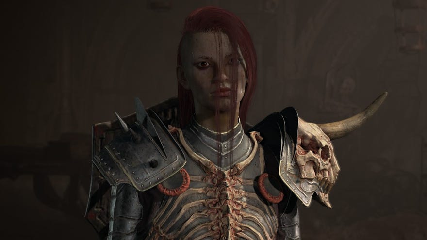 Diablo 4 screenshot showing a red-headed Necromancer in skeletal armor.