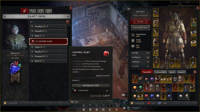 A Diablo 4 Gems user interface showing how to craft a Chipped Ruby at the Jeweler.