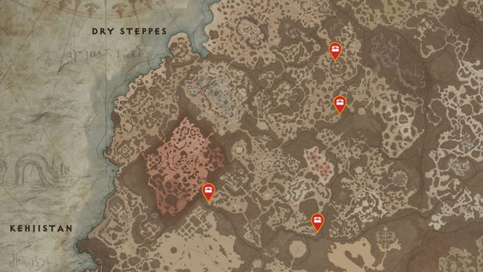 A map of the Dry Steppes region of Sanctuary in Diablo 4, with all possible Mystery Chest locations marked with red pins.