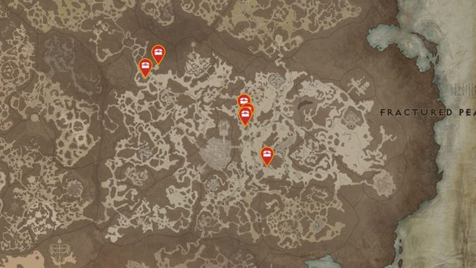 A map of the Fractured Peaks region of Sanctuary in Diablo 4, with all possible Mystery Chest locations marked with red pins.