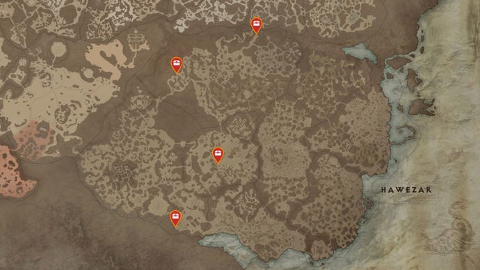 A map of the Hawezar region of Sanctuary in Diablo 4, with all possible Mystery Chest locations marked with red pins.