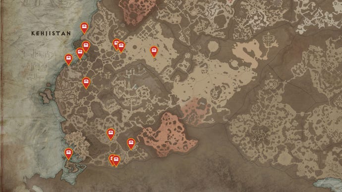 A map of the Kehjistan region of Sanctuary in Diablo 4, with all possible Mystery Chest locations marked with red pins.