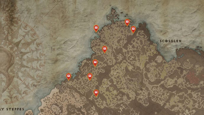 A map of the Scosglen region of Sanctuary in Diablo 4, with all possible Mystery Chest locations marked with red pins.
