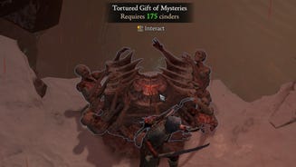 A player in Diablo 4 stands next to a Tortured Gift Of Mysteries in a Helltide region.