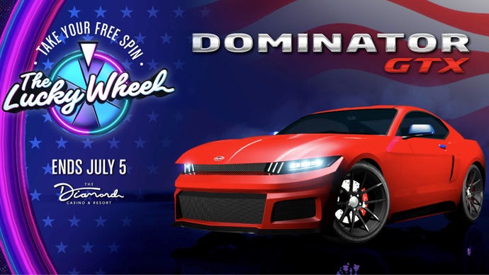 Artwork promoting the Dominator GTX as the Lucky Wheel car for the Diamond Casino in GTA Online.