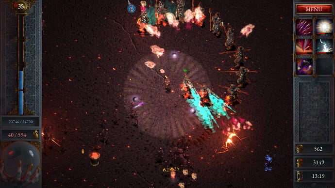 Smashing skeletons in a Halls Of Torment screenshot.