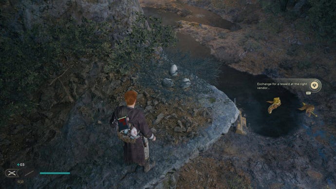 Cal picks up a Priorite Shard from the floor in a river on Koboh in Jedi: Survivor.