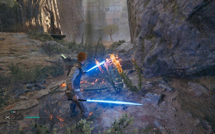 Cal slashes at a plant containing a seed pod next to a rock on Koboh in Jedi: Survivor.