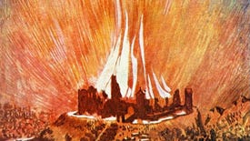 A cropped image of a hill fort on fire in Myam Shaw's colour process image of Metzengerstein in E. A. Poe's Selected tales of mystery