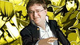 The Persona 4 Golden protagonist standing in front of a yellow background showing a number of different characters from the game, but he has the face of Gabe Newell