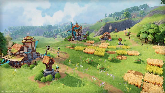 A quaint farm sits on the side of a lush green mountain in a screenshot from Pioneers Of Pagonia's trailer