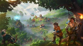 Two settlers look out over a green vista and a growing city in Pioneers Of Pagonia
