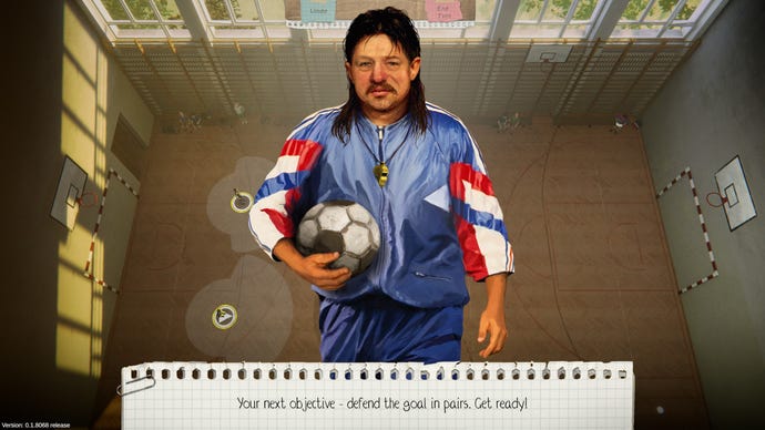 An astonishingly 90s PE teacher in a Soccer Kids screenshot.