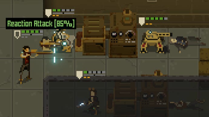 A pixel man aims a gun at a turret in Shardpunk: Verminfall