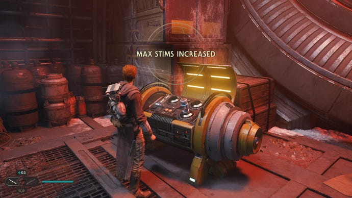 Cal Kestis stood next to a Stim Canister chest in Star Wars Jedi: Survivor.