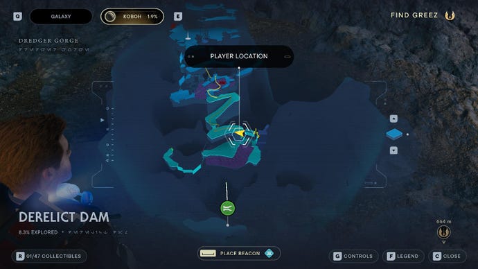 Star Wars Jedi Survivor screenshot showing the location of a priorite shard on the map.