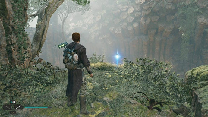 Star Wars Jedi Survivor screenshot showing Cal Kestis staring at the Fortification perk on a grassy ledge.