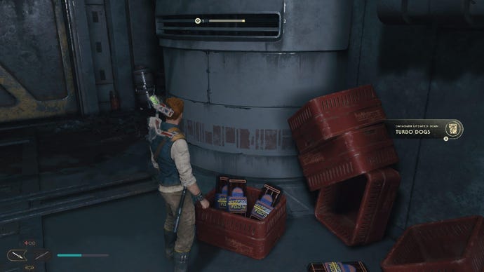 Star Wars Jedi Survivor screenshot showing Cal next to some Turbo Dog crates.