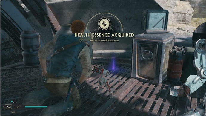 Star Wars Jedi Survivor screenshot showing Cal crouching down to get a Health Essence.
