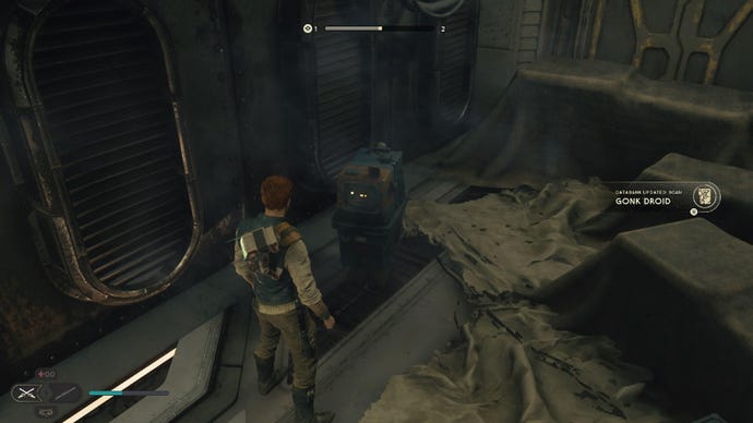 Star Wars Jedi Survivor screenshot showing Cal next to a gonk droid.