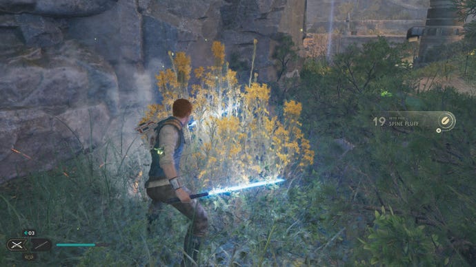 Star Wars Jedi Survivor screenshot showing Cal Kestis finding a seed pod and wielding dual blue lightsabers.