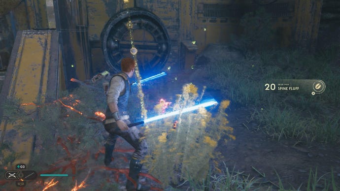 Star Wars Jedi Survivor screenshot showing Cal Kestis finding a seed pod and wielding dual blue lightsabers.