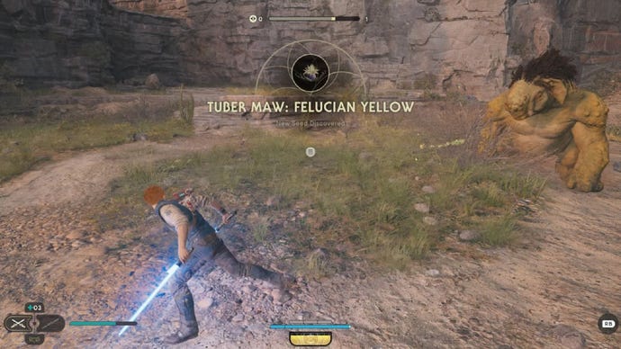 Star Wars Jedi Survivor screenshot showing Cal Kestis finding a seed pod and wielding dual blue lightsabers.