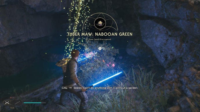 Star Wars Jedi Survivor screenshot showing Cal Kestis finding a seed pod and wielding dual blue lightsabers.