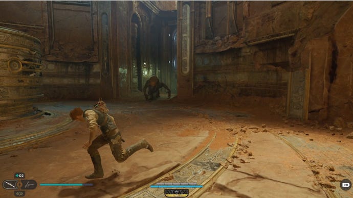 Cal runs from a sutaban in the distance in Star Wars Jedi: Survivor.