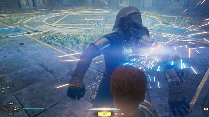 Cal fights the boss Tague Louesh in Star Wars Jedi: Survivor.