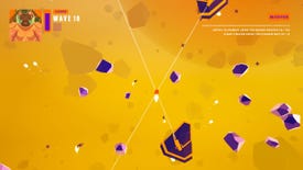 A tiny space ship flies through a yellow and purple space scene in Super Space Club