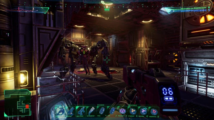 A machine with four legs lurks in a bunker, it looks like there's a human body hanging from it's centre in System Shock