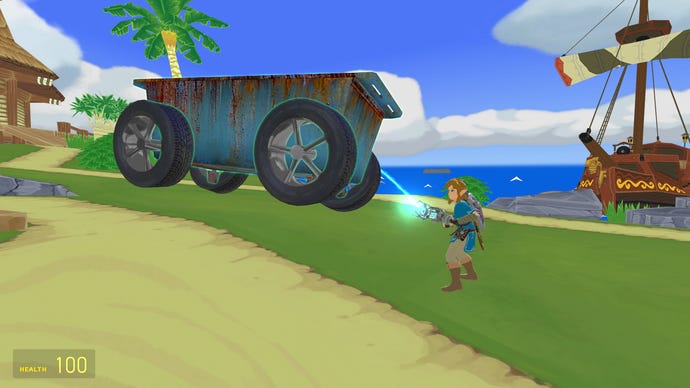 Link from The Legend of Zelda lifts up a bathtub with some wheels attached to it in Garry's Mod