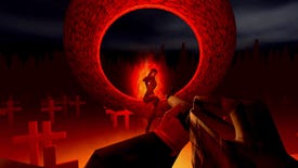 A burning demon sits seductively inside a molten ring in a Technophobia screenshot.